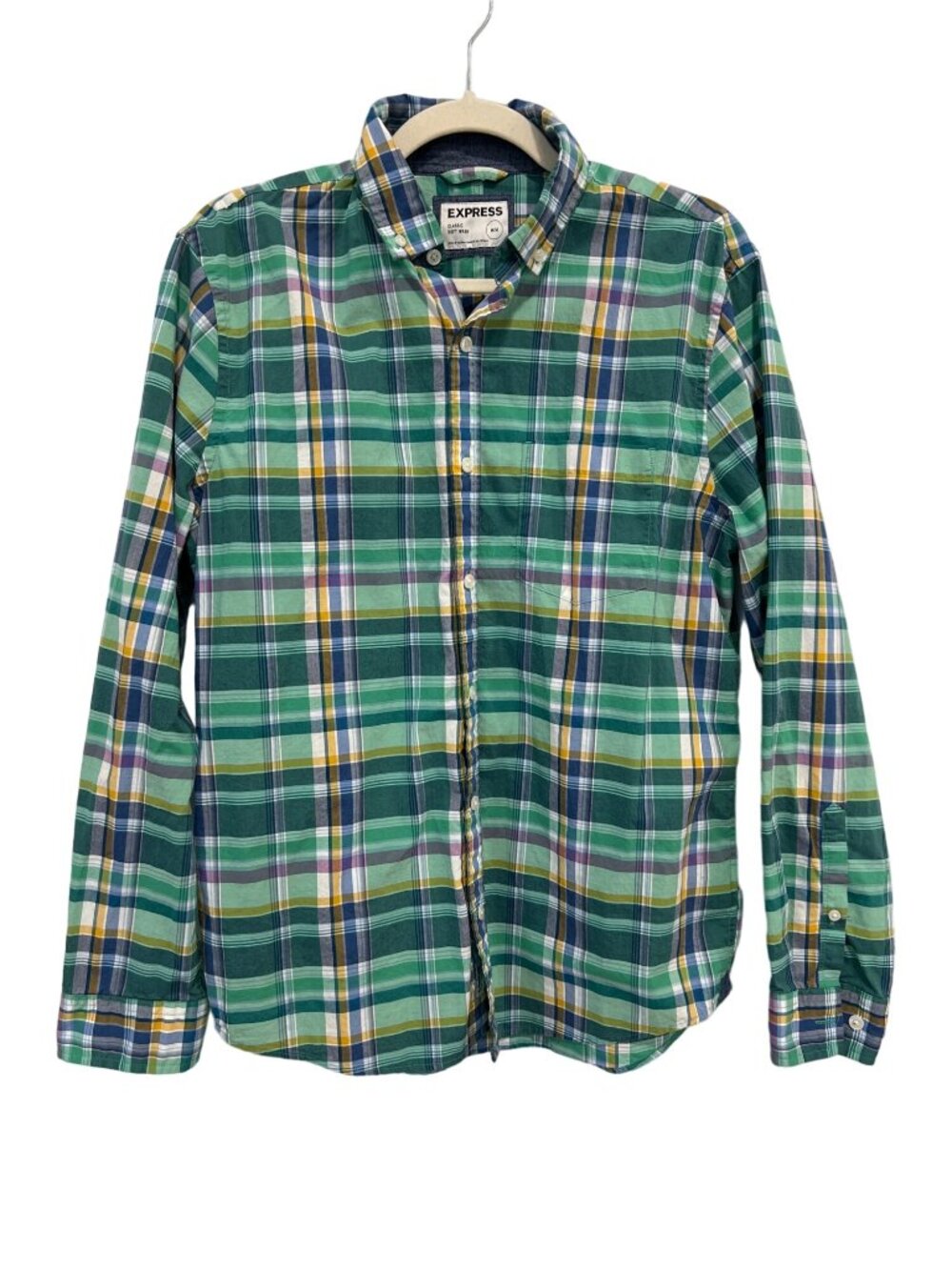 Express Shirt Medium Classic Soft Wash Plaid Button Front Green Preppy Academia